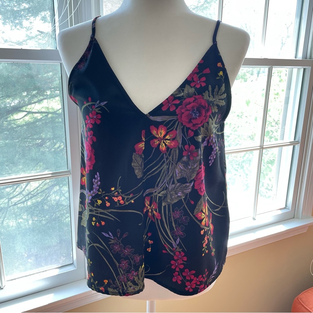 BP Sleeveless Spaghetti Strap Camisole Top w Deep V neck.  Floral - Tropical